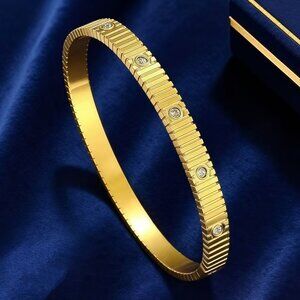 18K Gold Plated Stainless Steel Textured Bangle Bracelet with Zircon Accents